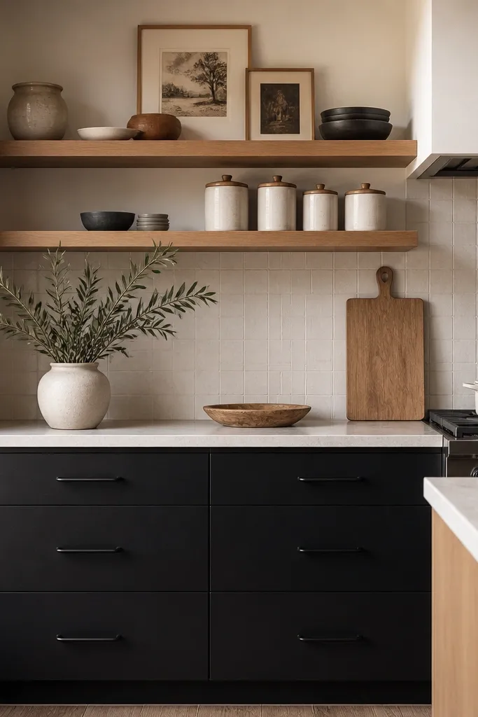 Black base cabinets with matte finish and simple pulls. Above the counter, white oak floating shelves run under the uppers or replace them. The backsplash is a pale tile, and the shelves hold ceramic canisters and a couple of framed prints.