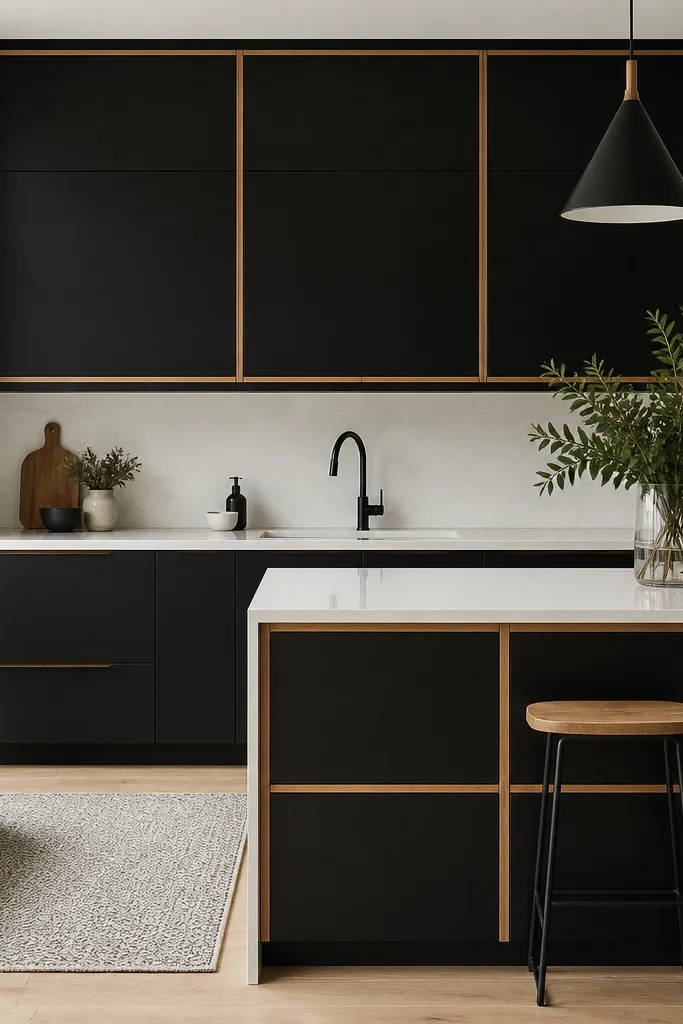 A modern kitchen with matte black slab cabinets. Thin white oak trim lines frame the cabinet faces, and the pulls are minimal. The countertop is white and the backsplash is light. The island has oak trim details too.