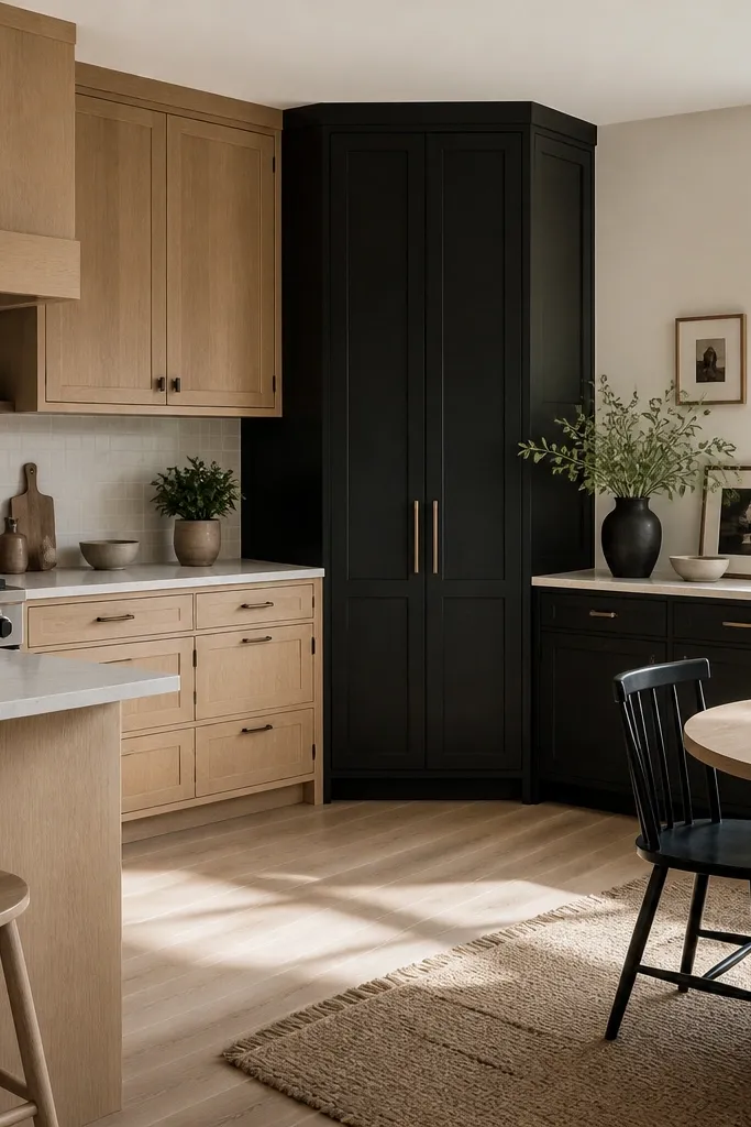 A corner kitchen where most cabinetry is white oak. A black built-in pantry sits in the corner with tall doors. Near the dining area, a black bench or built-in counter with cabinetry continues the black color. The countertop is light and the backsplash is subtle.