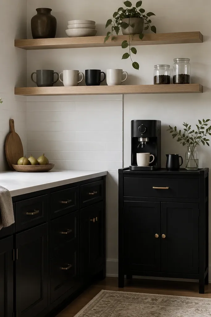 A kitchen with black lower cabinets and white oak open shelving above. A small black coffee station cabinet sits near the corner with a matte finish. The countertop is light, and the backsplash is white tile. The shelves hold mugs and a couple of glass jars.