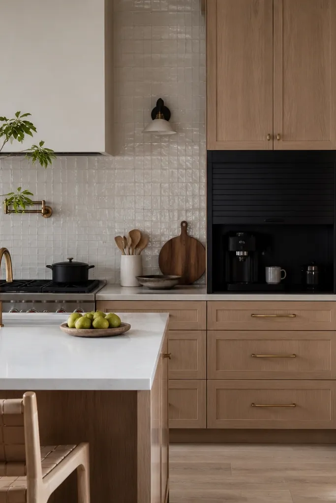 A kitchen with white oak cabinets. An appliance garage area is black and sits flush with the cabinets. The countertop is light and the backsplash is a warm white tile. Brass faucets or cabinet pulls add a warm metal accent.