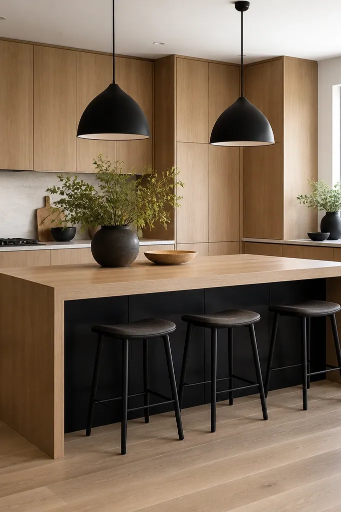 An island with a matte black base and legs. The island top is white oak with a waterfall edge down the sides. Surrounding cabinets are white oak, and the lower perimeter is black. Black pendant lights hang above.