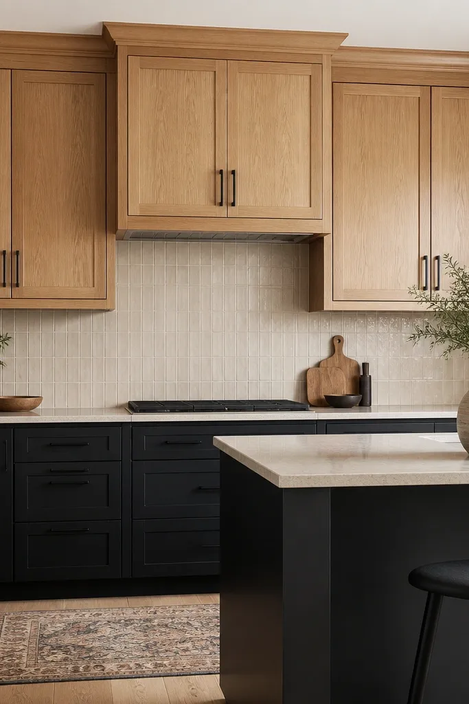 A kitchen where the upper cabinets and the cabinet trim along the ceiling are white oak. The lower cabinets are black. The backsplash is light and the cabinet crown molding is oak. Hardware is matte black.