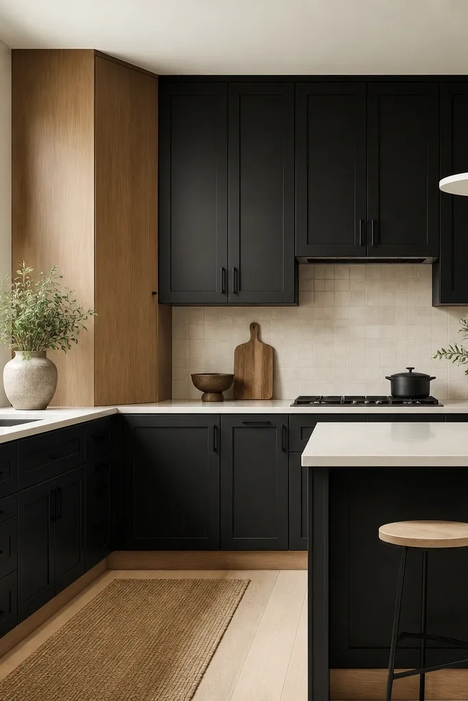 A kitchen with mostly black shaker cabinets. Inside corners have white oak panels, and the toe kicks are white oak. Countertops are light. The hardware is matte black and the backsplash is a pale neutral.