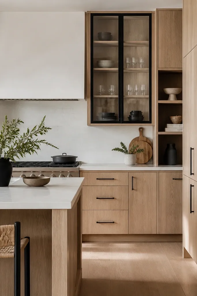 A kitchen with white oak cabinets. Glass doors and open niches have black trim frames. The countertop is light, and the backsplash is white. Matte black pulls match the trim frames.