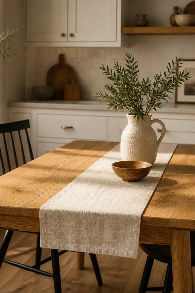 A cozy kitchen-dining corner with white cabinet doors in a soft off-white matte finish. A honey-toned white oak dining table sits centered, with visible grain and rounded edges. A cream linen runner runs down the middle, and two black metal dining chairs flank it. Warm sunlight hits the oak, making the grain pop.
