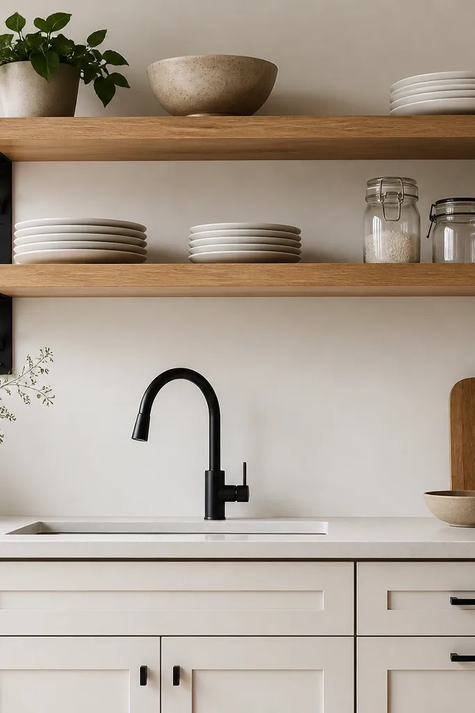 Open shelves mounted above white lower cabinets. The shelves are made from white oak with a natural satin finish, showing visible grain. On the shelves are stacked white plates, a small ceramic bowl with a warm beige glaze, and a few clear jars. A black gooseneck faucet and black shelf brackets frame the wood.