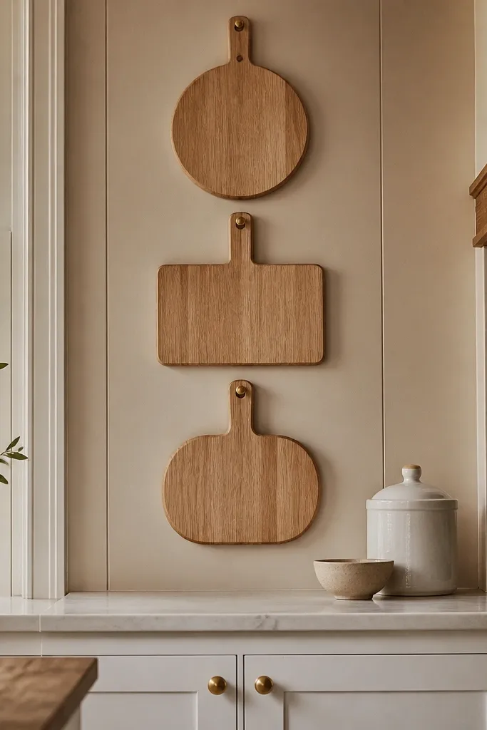A kitchen wall panel featuring a neat vertical display of white oak cutting boards mounted with small hooks. White cabinet doors below have brass knobs. A white ceramic canister and a small bowl sit on the counter. The lighting is warm, and the oak grain lines are clearly visible.