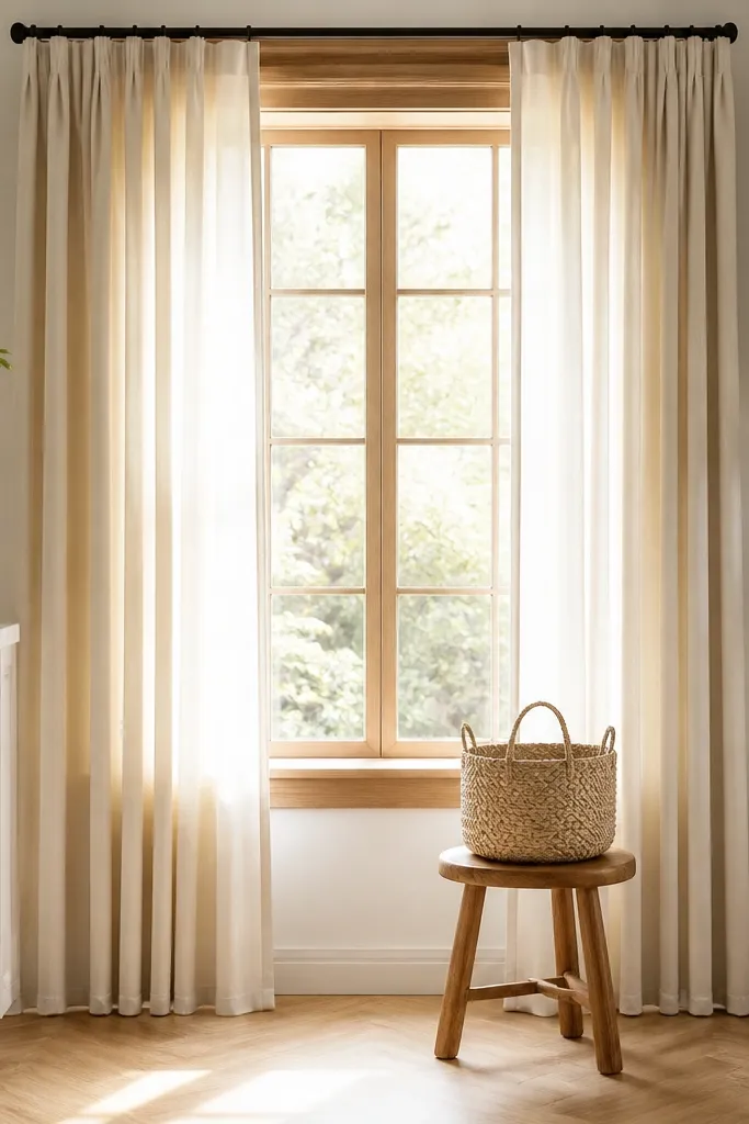 A bright kitchen window with warm ivory floor-length curtains. The window trim and nearby cabinet accents include white oak. White cabinets surround the window, and the oak trim has a natural satin sheen. A small wooden stool sits near the window with a light woven basket.