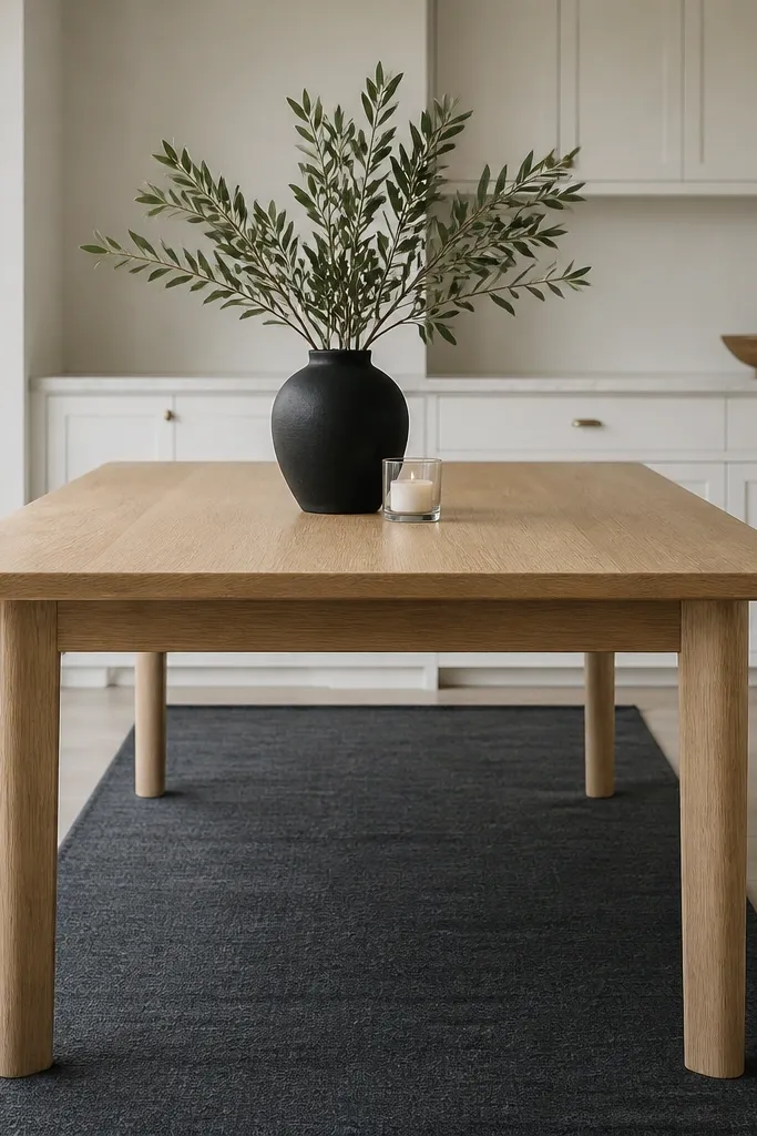A dining table with white oak legs and a light oak top. Beneath it, a charcoal gray runner spans the length. White cabinets line the background with simple hardware. A black vase and one small candle in a glass holder sit at the center.