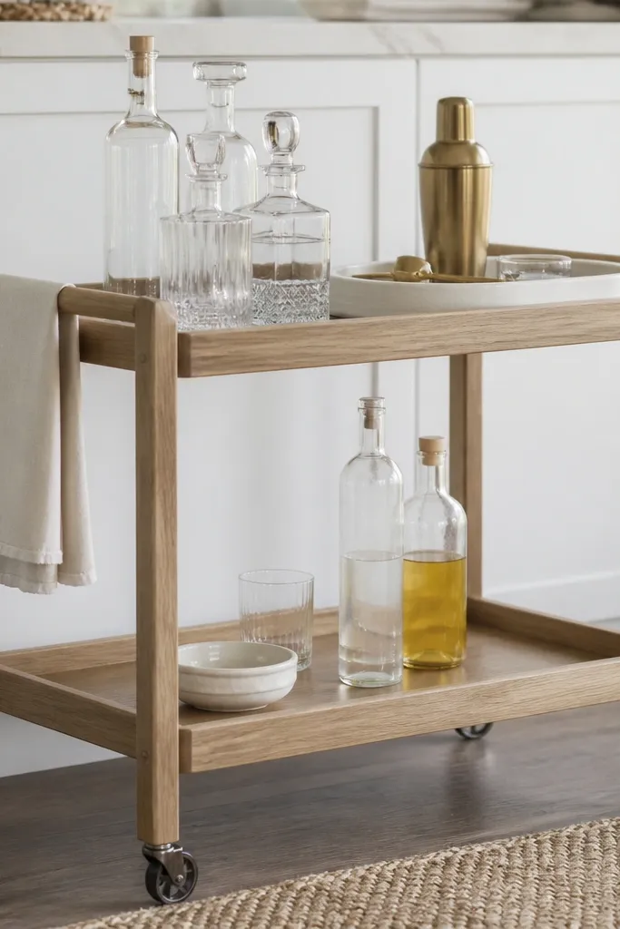 A bar cart made from white oak with casters. It sits against white kitchen cabinets with simple white doors. On the cart are clear glass bottles, a white ceramic tray, and a small brass cocktail shaker. A folded cream bar towel hangs on the side.