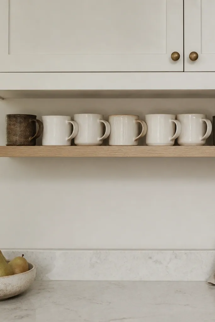 A narrow white oak floating ledge mounted under upper cabinets. It holds a row of mugs in off-white and pale beige, with one darker stoneware mug at each end. Above, white cabinet doors have satin finish. A small brass hook holds a towel nearby.