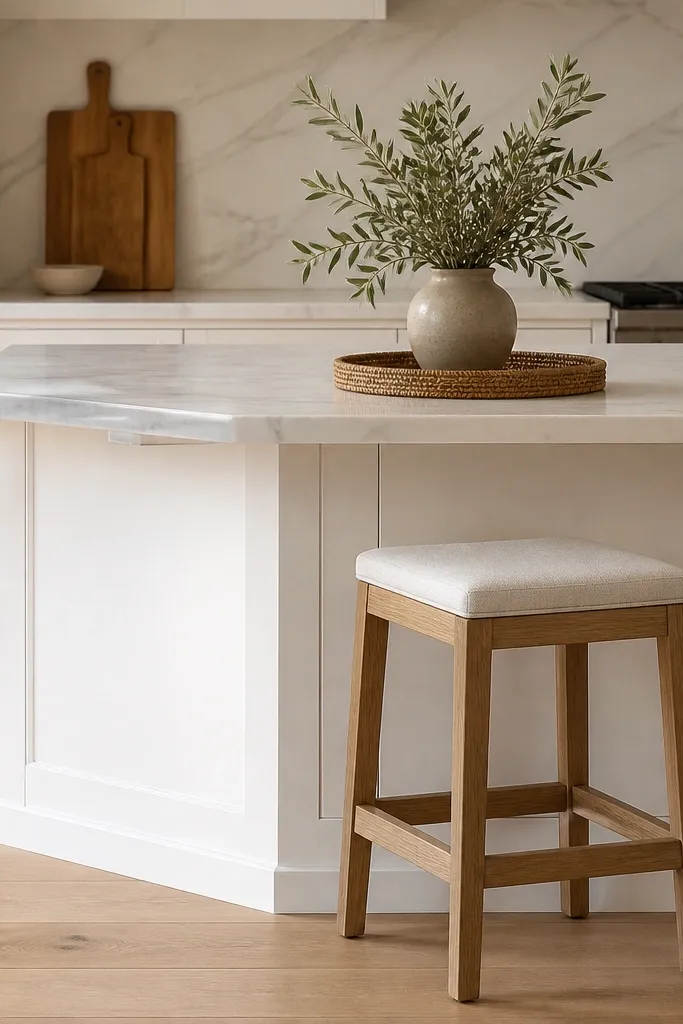 An island with white cabinet base. A natural white oak backless stool sits at the bar. The stool top has a white linen cushion with a simple seam line. A small tray with a ceramic vase sits on the island, and a warm wood cutting board leans against the backsplash.