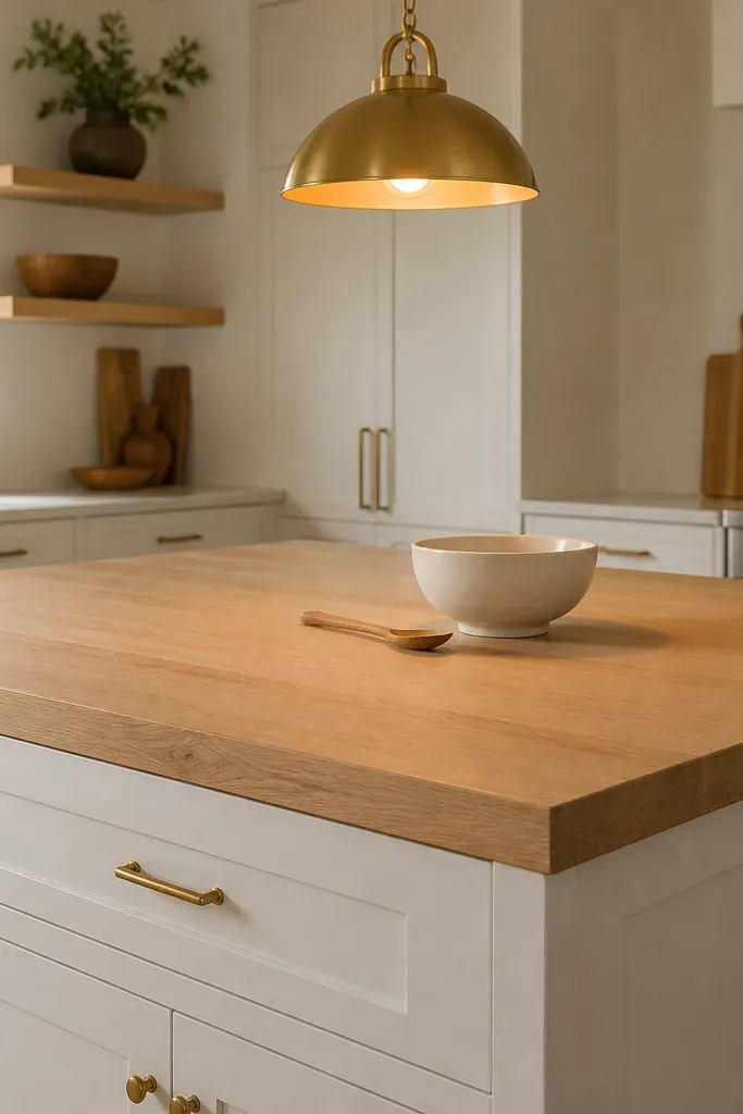 A kitchen island where the top is white oak with a clear matte finish. The base cabinets are white with a satin sheen. A warm brass pendant hangs above, and the light creates a honey glow on the oak surface. A white ceramic bowl and a small wooden spoon rest on the island.