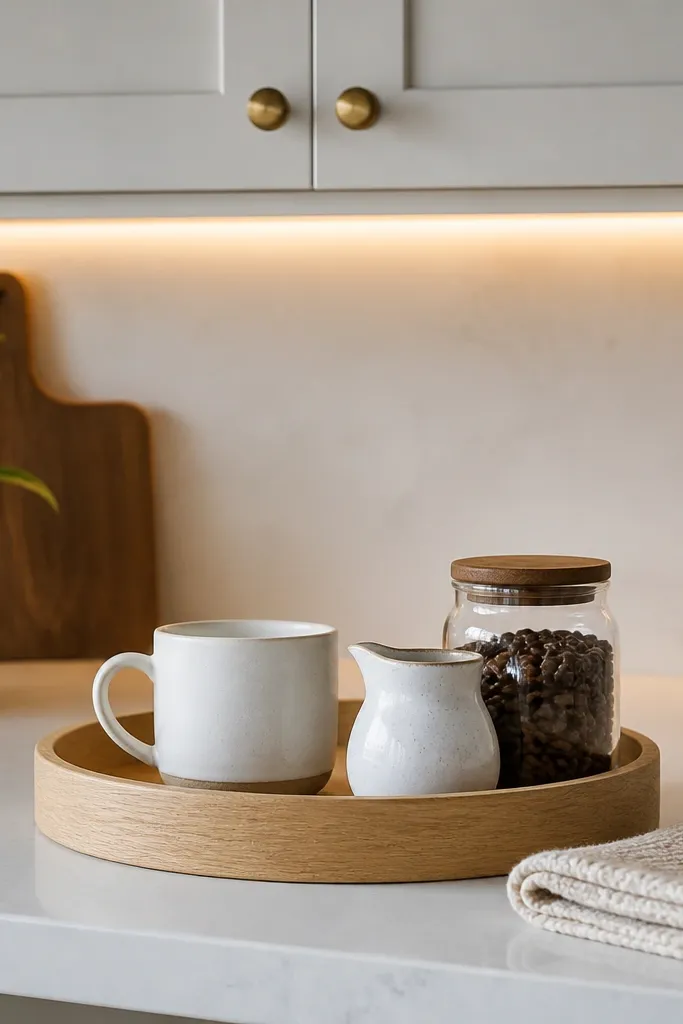 A coffee corner on a white countertop. A white oak tray sits in the center with a white mug, a small ceramic creamer, and a glass jar of coffee beans. Behind it, white cabinet doors and a warm under-cabinet light. A folded cream towel rests beside the tray.