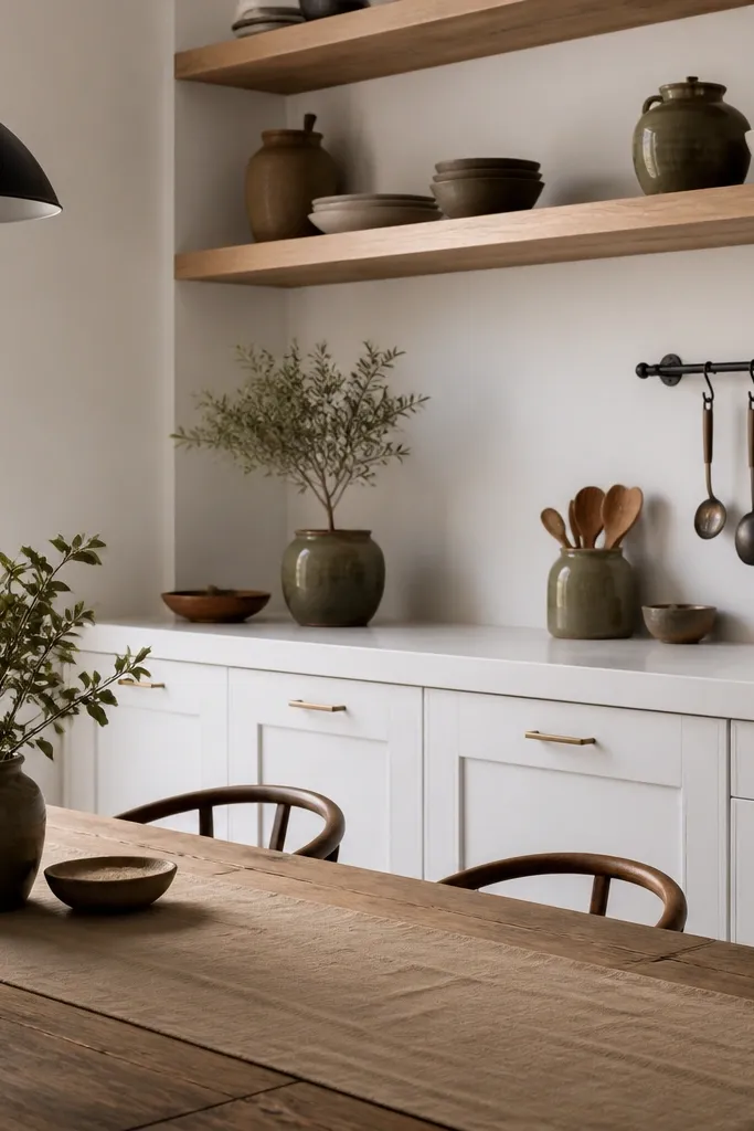 White kitchen cabinets with white oak shelves above a counter. Olive green ceramic planters and a small olive-colored bowl sit on the counter. A warm beige runner covers the dining table. A black iron wall rack holds utensils.
