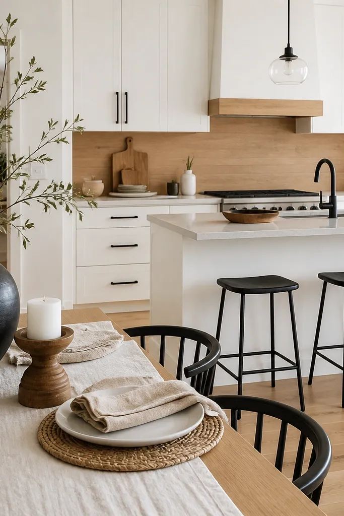 White cabinet doors with black bar pulls. White oak floor or a white oak backsplash accent runs along the kitchen. A warm white linen runner and light tan placemats sit at a nearby table. A black vase and a wood candle holder add contrast.