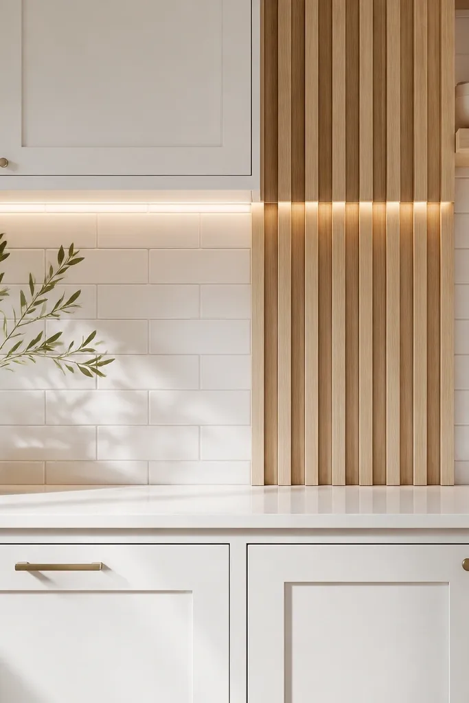 A kitchen backsplash with white subway tile. In the center or side, there are slim vertical white oak slat accents. White cabinets sit above and below the backsplash. A warm under-cabinet light highlights the oak slats, and a few white dishes are visible on a nearby shelf.