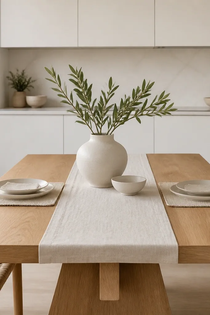 A dining table with a light white oak top. The styling includes cream placemats, a warm white table runner, and a simple white ceramic centerpiece. Behind the table, white kitchen cabinets are visible with soft satin doors. Two woven chairs with light wood frames sit at the edges.