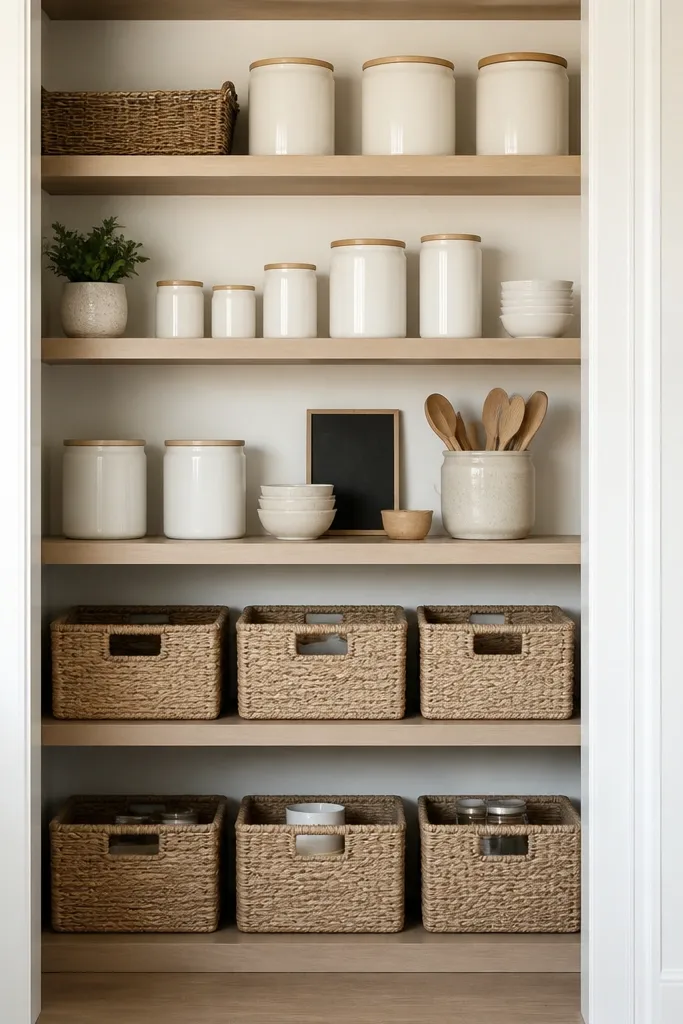 An open pantry area with white oak shelves. Woven baskets sit on the lower shelves, and white jars with simple lids fill the upper shelves. The surrounding cabinet frames are white. A small black label board and a ceramic utensil crock are visible.