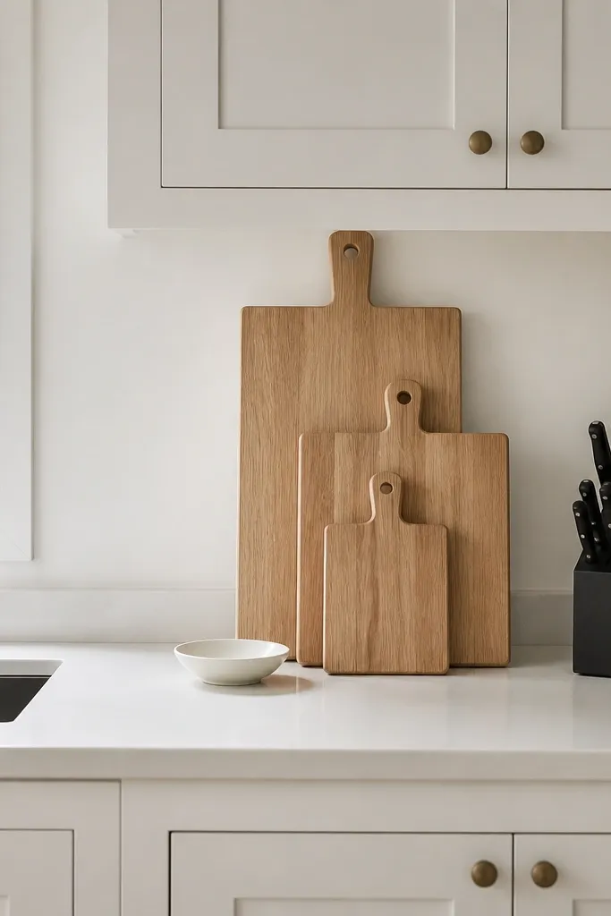 A white countertop with a staged set of white oak cutting boards of different sizes. One board is propped upright next to a sink. White cabinet doors are in a satin finish. A small white dish and a black knife block sit nearby.