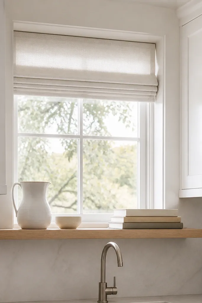 A kitchen window with an off-white Roman shade pulled up. Below it, a white oak shelf holds a white ceramic pitcher, small cream bowls, and a short stack of books with neutral covers. White cabinets surround the window with satin finish.