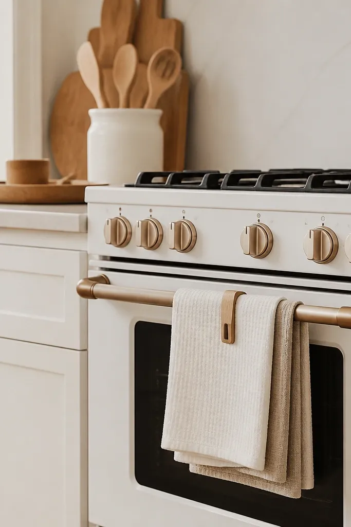 A white oven with a warm-toned oven handle area. Cream and oatmeal dish towels are folded and hung neatly with a small oak clip. Nearby, a white oak utensil crock and a small oak tray sit on the counter. White cabinets frame the scene.