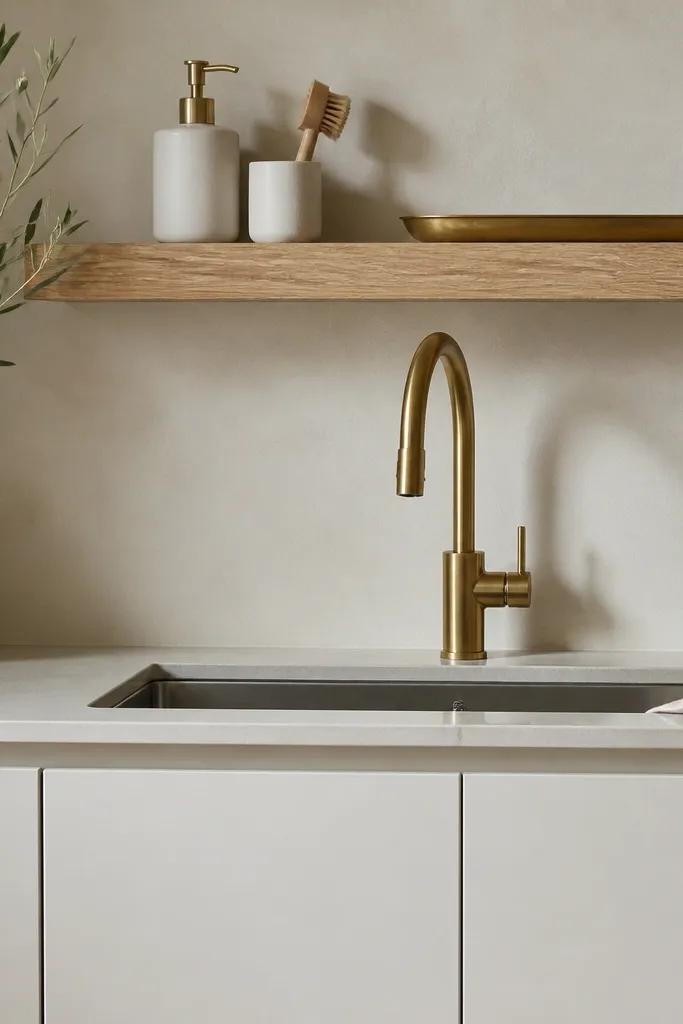 Above a kitchen sink, there is a white oak floating ledge. On it sits a white ceramic soap dispenser, a small white dish brush holder, and a single brass tray. White cabinets below have satin doors. The ledge has a clean, natural finish with visible oak grain.