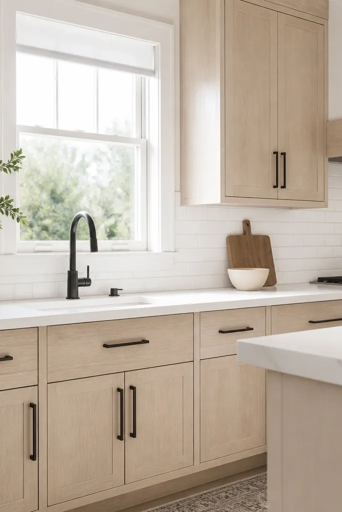A bright kitchen with creamy white oak cabinet doors, warm white walls, and matte black bar pulls. The backsplash is small-format white subway tile with light gray grout. A white quartz countertop runs under a window with a simple roller shade.