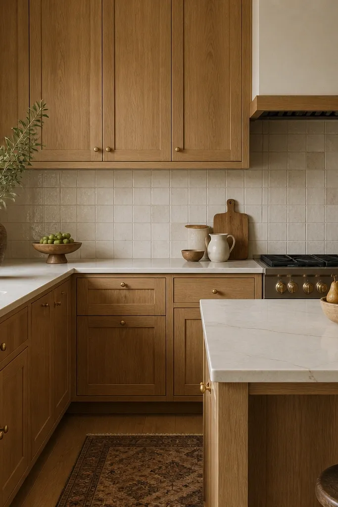 A cozy kitchen with toasted white oak shaker cabinets, off-white walls, and aged brass knobs. The backsplash is a creamy ceramic tile with subtle speckle. Countertops are a light warm quartz with faint caramel veining.