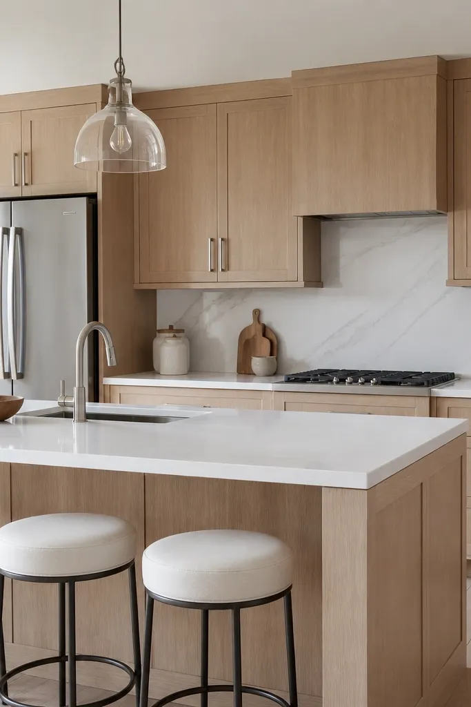 A clean, modern kitchen with white oak cabinets, a white marble-look quartz countertop, and satin nickel bar pulls. The backsplash is large-format white tile with thin gray veining. A stainless fridge and a simple pendant light hang over the island.
