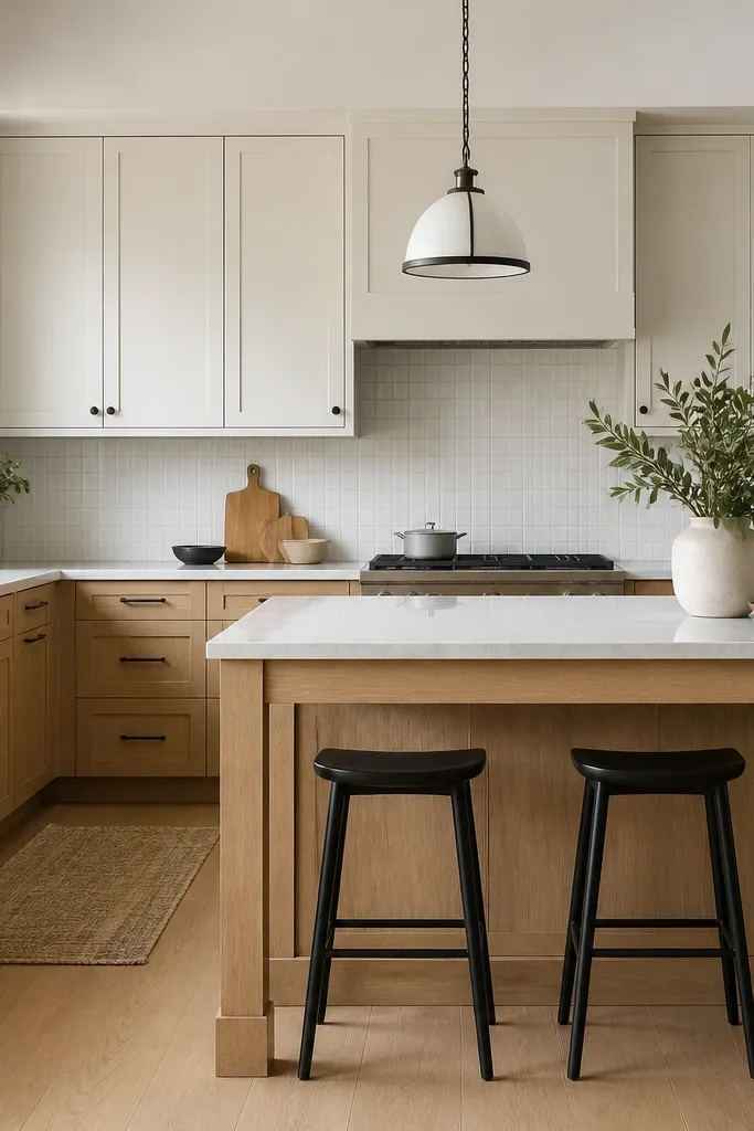 A kitchen with white oak lower cabinets and painted warm white upper cabinets. The island base is white oak with matching legs, while the uppers are smooth painted shaker doors. Hardware is matte black, and the backsplash is a simple white tile.