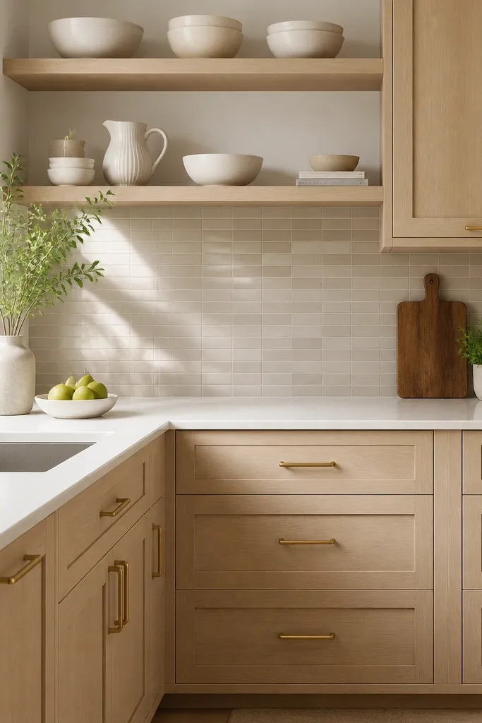 A bright kitchen with white oak shaker cabinets, a greige backsplash in small rectangular tiles, and brushed brass faucet and cabinet pulls. The countertops are a light cream quartz. Open shelving holds white bowls and a small ceramic pitcher.