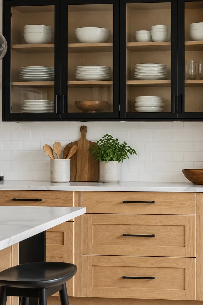 A kitchen with white oak shaker cabinets. Upper cabinets have clear glass doors framed in matte black, showing neatly arranged white plates. Lower cabinets are solid wood with black bar pulls. The backsplash is a clean white brick tile.