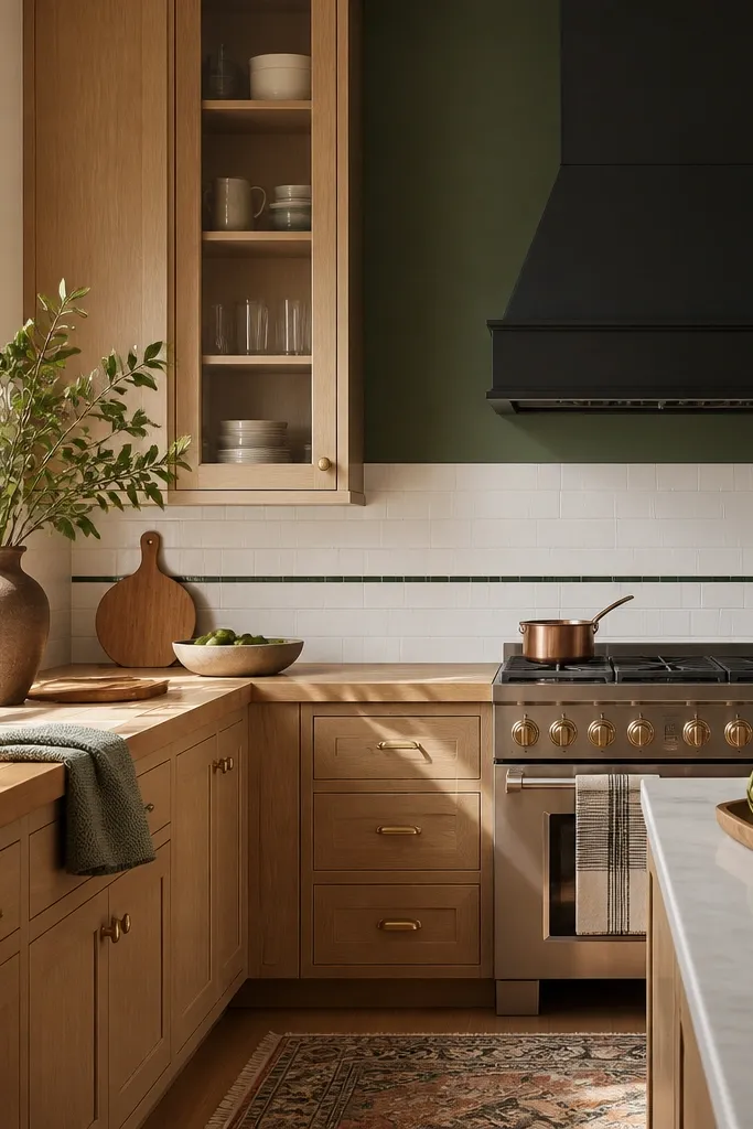 A warm kitchen with white oak cabinets, a deep green accent wall behind the range hood, and antique brass pulls. The backsplash is white tile with a thin green accent stripe. A butcher block-style prep area sits near the window.