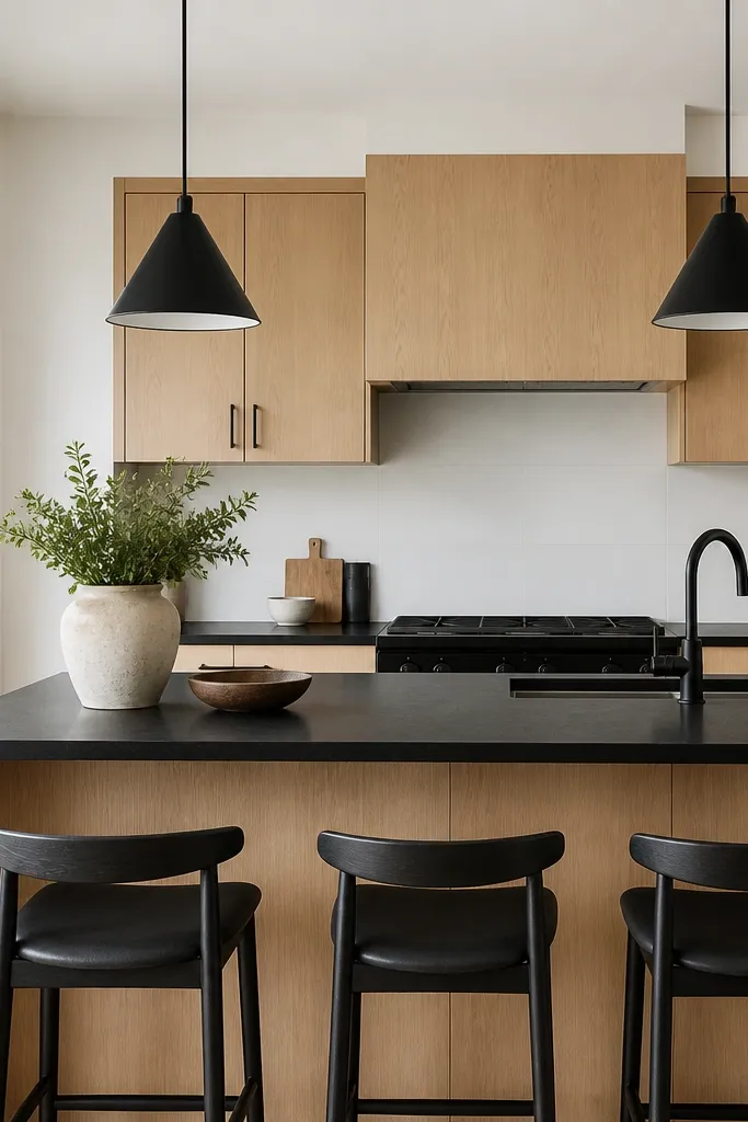 A modern kitchen with white oak cabinets, stark white walls, and a black countertop on the island. Hardware is matte black, and the backsplash is a simple white slab or large tile. There are two black pendant lights over the island.