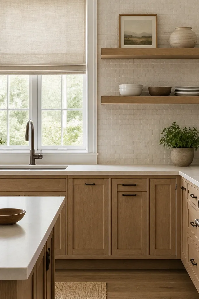 A kitchen with white oak cabinets and a limestone-look backsplash tile in pale cream with soft texture. Cabinet hardware is bronze with a satin finish. The countertop is light beige quartz. A natural linen roman shade hangs over the sink window.