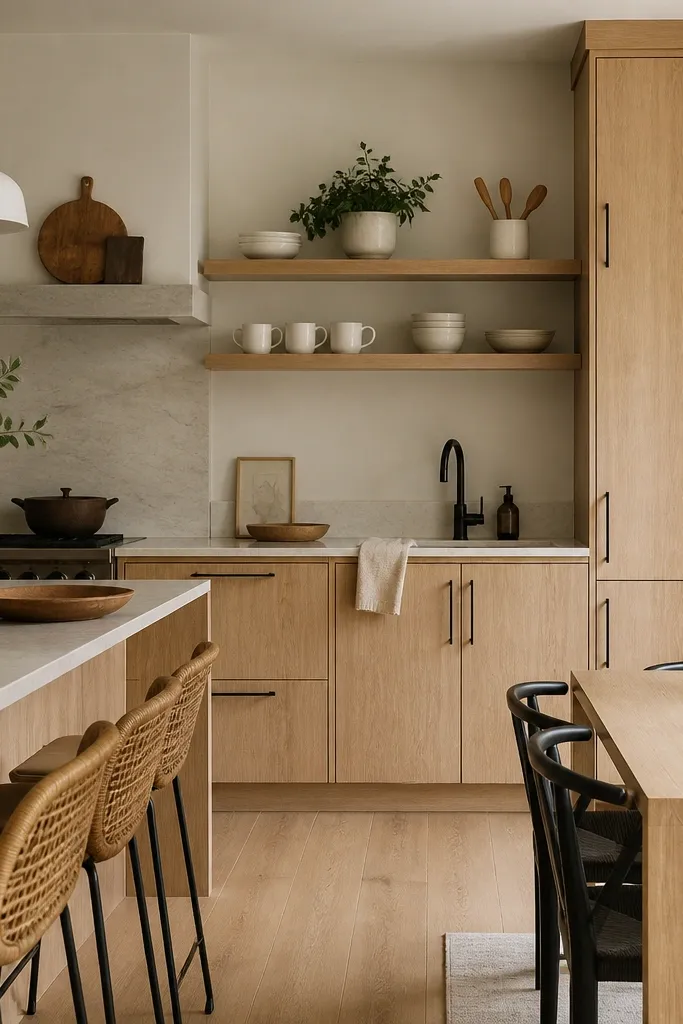 A kitchen with white oak cabinets and open shelves above the counter. The shelves show white mugs, a few wood-handled utensils, and a small plant. The dining side has rattan bar stools and a light wood dining table. Hardware is matte black.