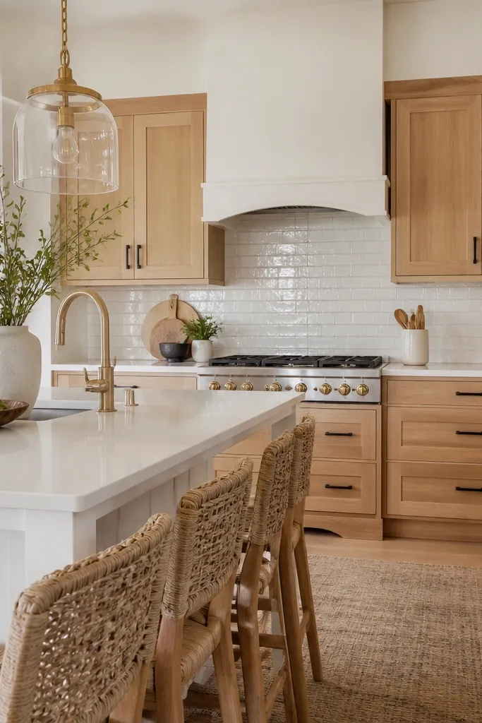 A bright island kitchen with white oak cabinets, white shaker panels on an island side, and a warm brass pendant with a glass shade above the island. The backsplash is white tile, and the countertop is light quartz. Matte black pulls sit on the wood doors.