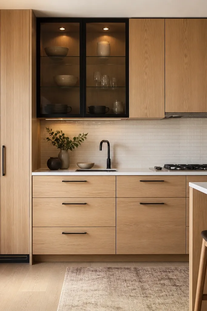 A kitchen with white oak cabinets where one tall section has vertical grain doors. A niche area has smoked glass with spotlights, and the rest of the cabinets are solid. Hardware is minimal, like flat bar pulls in black. The backsplash is neutral light tile.