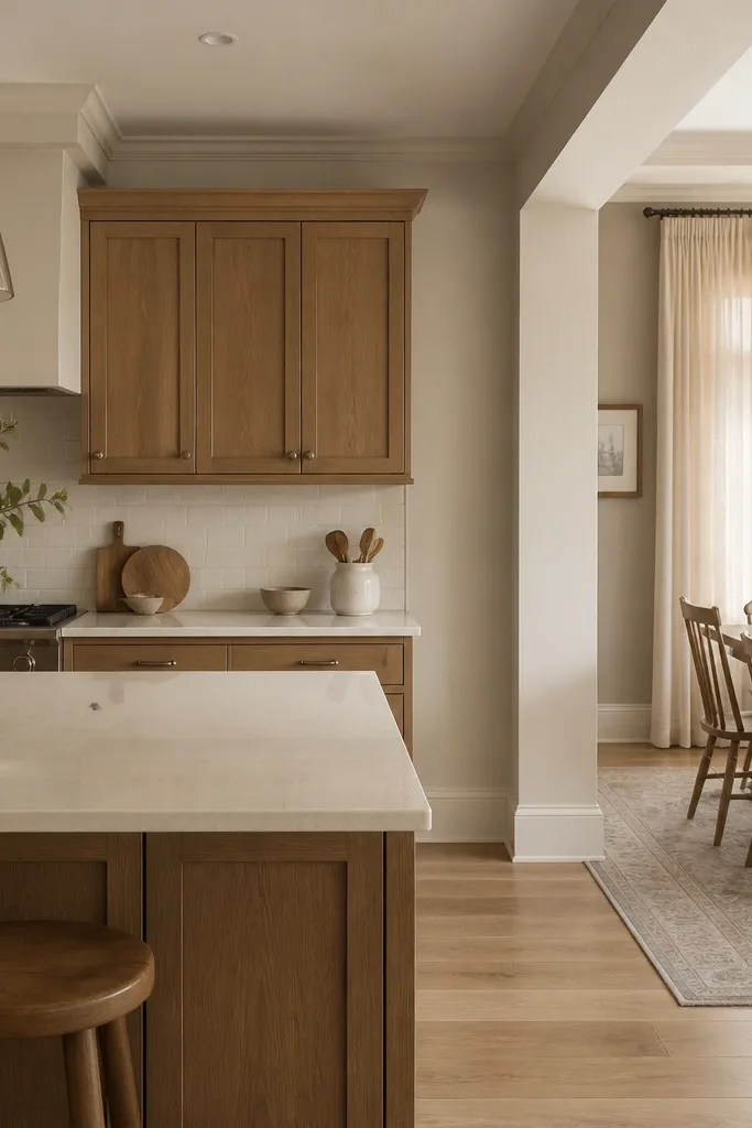 A farmhouse-modern kitchen with white oak cabinets, warm taupe walls, and soft white countertops. Hardware is brushed nickel. The backsplash is a light ceramic tile with small variation. Dining is nearby with linen curtains and a wood table.