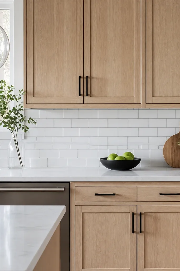 A kitchen with white oak cabinets and a white subway backsplash. The grout is light blue-gray, making thin lines visible. The countertop is white with faint gray veining. Hardware is matte black, and the room has cool white LED lighting.
