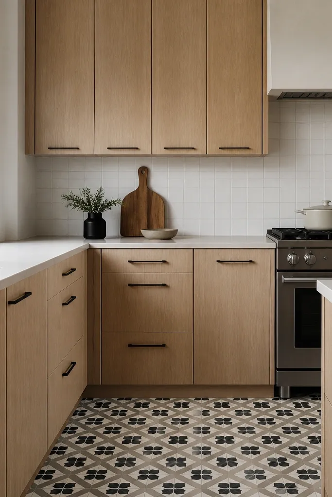 A kitchen with white oak cabinets and a patterned floor tile in black, cream, and soft gray. The cabinets have satin finish doors and minimal bar pulls in matte black. The backsplash is simple white tile, and the countertops are light quartz.