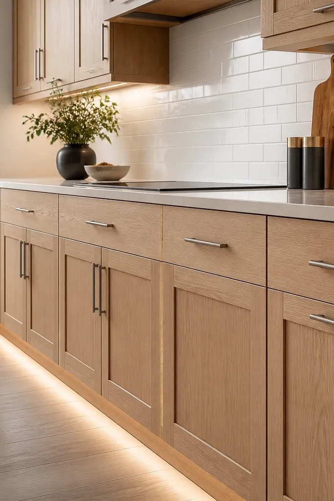 A white oak shaker cabinet run with flat center panels, satin finish, and brushed nickel bar pulls. The backsplash is simple white subway tile, and the countertops are a light warm quartz slab. Under-cabinet lights cast a soft glow along the toe-kick.