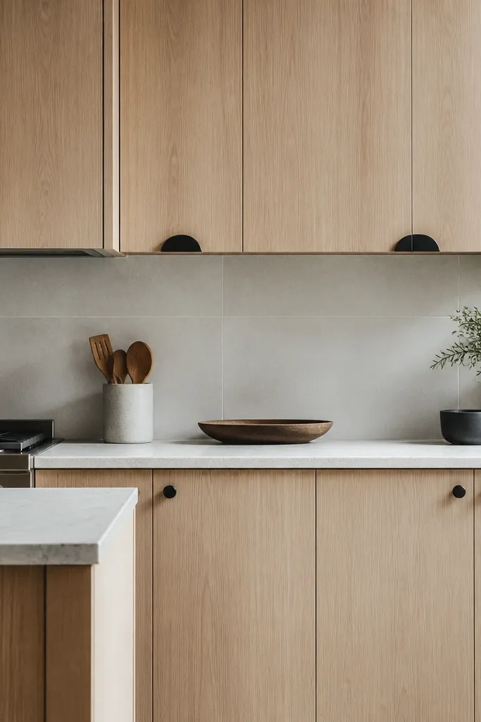 Minimal slab cabinet doors in white oak with a matte finish. Matte black cup pulls sit on the upper cabinets, and a few lower cabinets have discreet black knobs. The backsplash is light gray large-format tile, and the countertop is a honed pale stone.