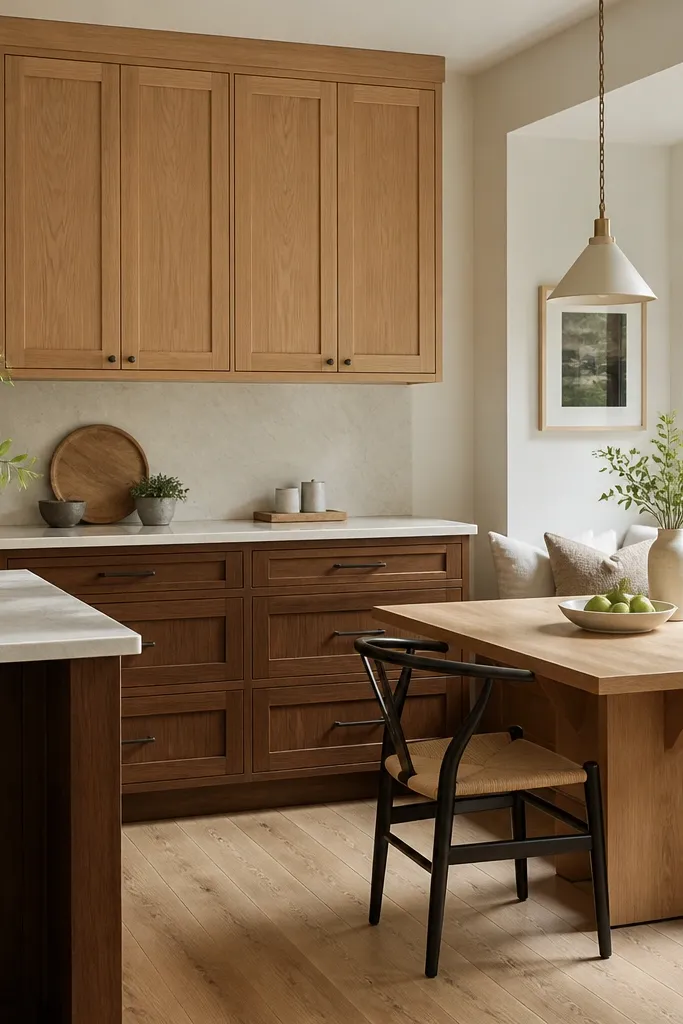 Upper cabinets in white oak with shaker doors and satin finish. Lower cabinets are darker walnut stained wood with matching shaker paneling. The dining nook shows a built-in bench and a light wood table, plus a small pendant over the table.