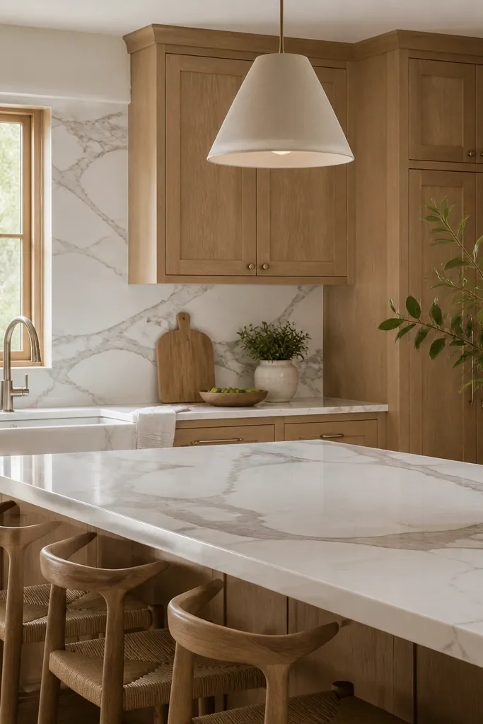 White oak shaker cabinets with satin finish and simple brushed nickel pulls. The countertop is white with bold gray veining like Calacatta, and the backsplash is a matching white quartz slab behind the sink area.