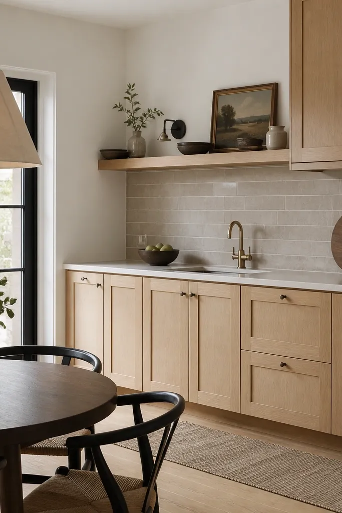 White oak cabinets with shaker doors and satin finish. The backsplash is warm greige tile in a staggered pattern. A linen shade pendant hangs over a small dining table, and the wall paint is soft off-white.