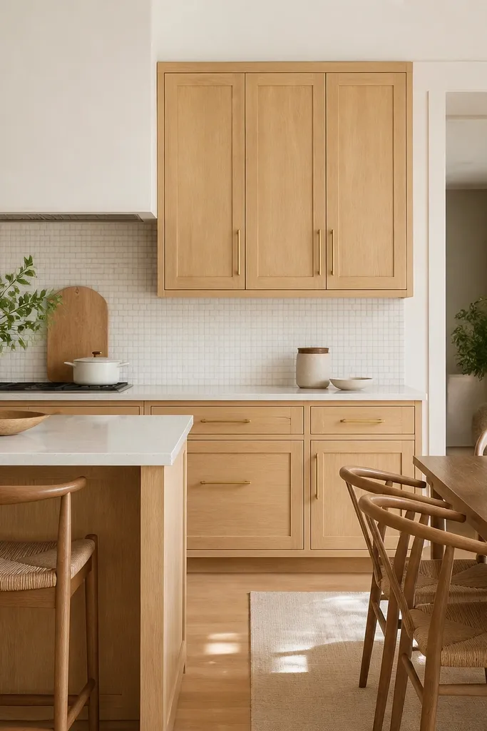 White oak cabinets with shaker doors, satin finish, and polished brass bar pulls. A honey-toned pendant light hangs over the dining area. The backsplash is small white tile, and the countertop is light beige quartz.