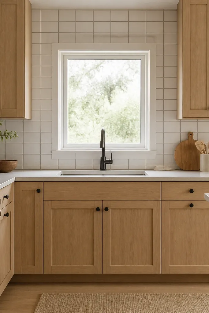 White oak shaker cabinets with matte finish and black knobs. The backsplash is white ceramic tile with charcoal or dark gray grout lines. A sink sits centered under a small window, and the countertops are a light, solid color.